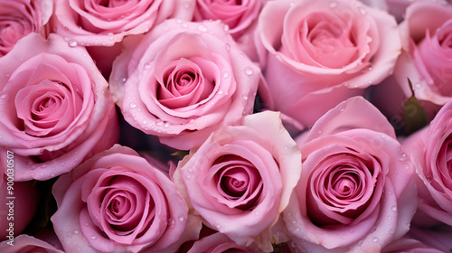 Pink Roses With Dew Drops Fresh Morning Bloom