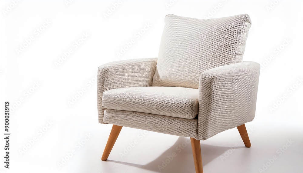 Fototapeta premium Comfortable modern armchair with wooden legs and a cushioned seat, perfect for living room decor and relaxation.