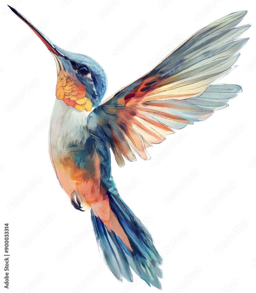 Watercolor Painting of Hummingbird, isolated on White Background.