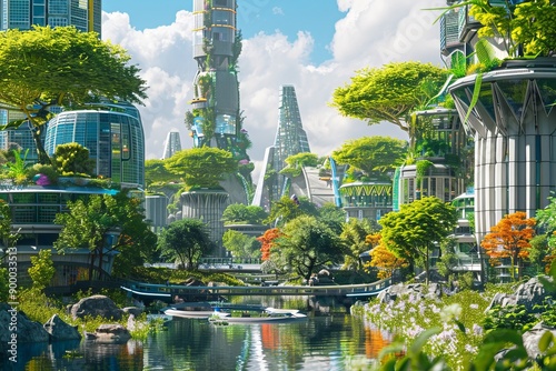 futuristic city with renewable energy and solar panels and nature around buildings, Realistic, vivid colors, Ultrabright,  photo