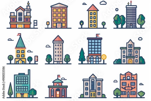 many different svg buildings icons in the same style 