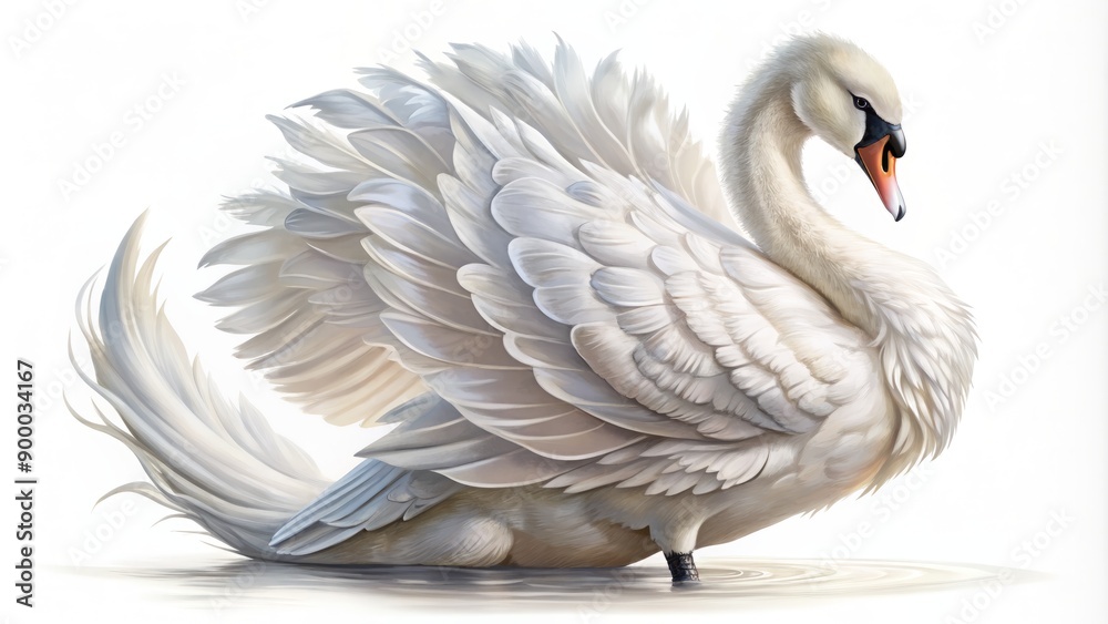 Fototapeta premium Elegant swan with intricate feathers and graceful neck, rendered in vintage illustration style, stands solo on a pure white transparent background in PNG format.