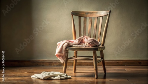 A delicate, isolated atmosphere surrounds a worn, empty chair, scattered with crumpled baby clothes and a forgotten baby blanket, conveying postpartum struggles. photo