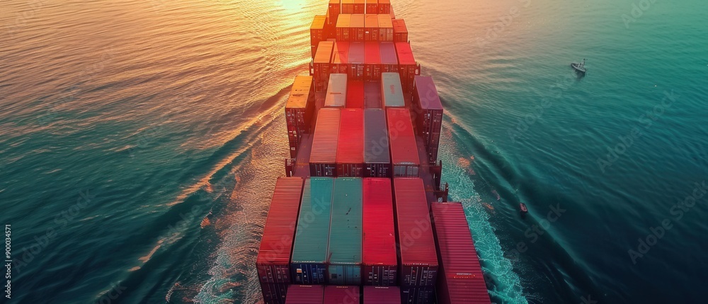 Obraz premium Aerial view of a cargo ship with containers over calm waters at sunset.
