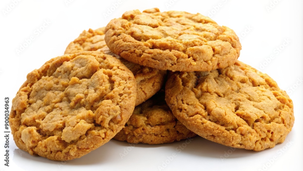 Softly lit, golden brown oatmeal cookies with crispy edges and sweet chunks, isolated on a clean white background, showcasing warm textures and appetizing details. Softly lit, golden brown oatmeal cookies with crispy edges and sweet chunks, isolated on a clean white background, showcasing warm textures and appetizing details.