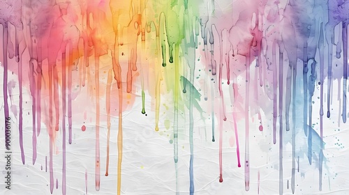 Rainbow coloful watercolor dripping paint, paint splashes with drips, paper textured background 