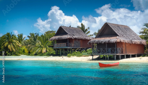 Cabañas en el mar, en una isla rodeadas de vegetación, palmeras, canoa.
