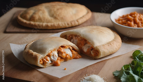 closeup of buffalo chicken calzones