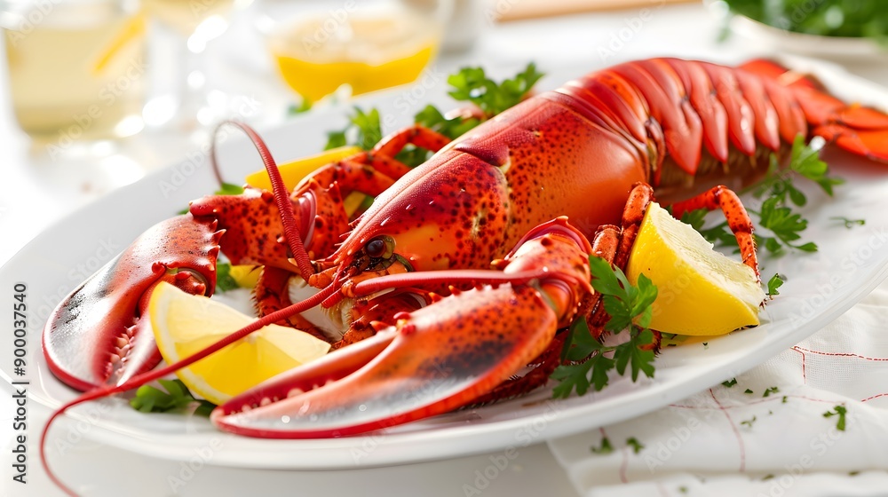 whole red cooked lobsters, garnished with lemon wedges. whole red cooked lobsters, garnished with lemon wedges.