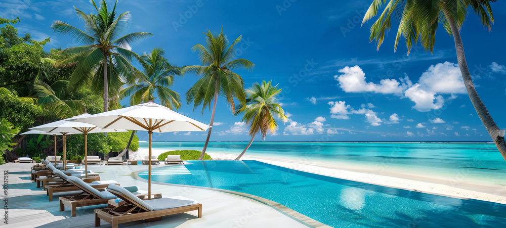 A photo of a stunning tropical beach resort with a serene infinity pool, lush palm trees, and luxurious lounge chairs under white umbrellas, all set against the backdrop of a clear blue sky A photo of a stunning tropical beach resort with a serene infinity pool, lush palm trees, and luxurious lounge chairs under white umbrellas, all set against the backdrop of a clear blue sky