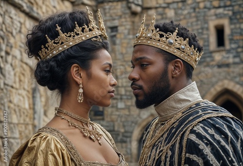 A black couple, a man and a woman with crowns on their heads, stand close to each other in ancient clothes against the backdrop of a castle