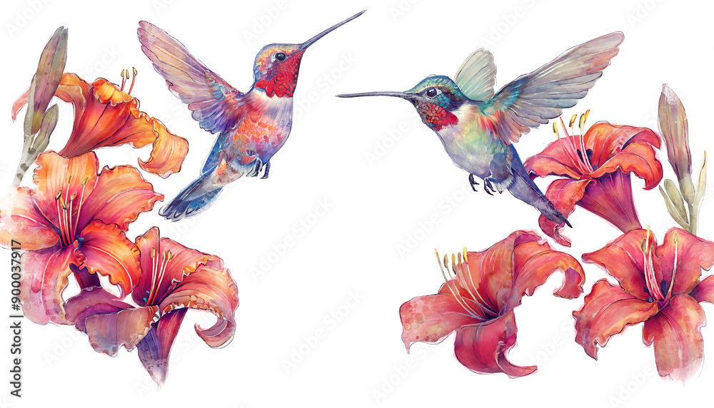 Digital Watercolor Painting of Hummingbird and flowers, isolated on white