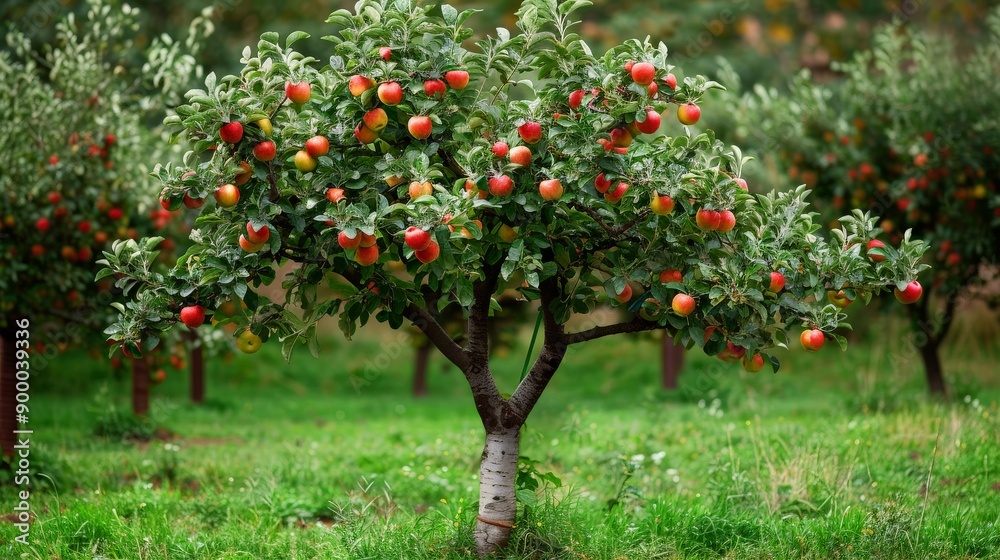 Single apple tree laden with fruit in a lush green orchard Single apple tree laden with fruit in a lush green orchard