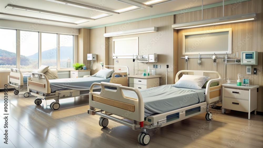 An empty hospital bed with life-sustaining machines and tubes surrounding it, eerie silence fills the geriatric center room, conveying a sense of solemnity and concern.