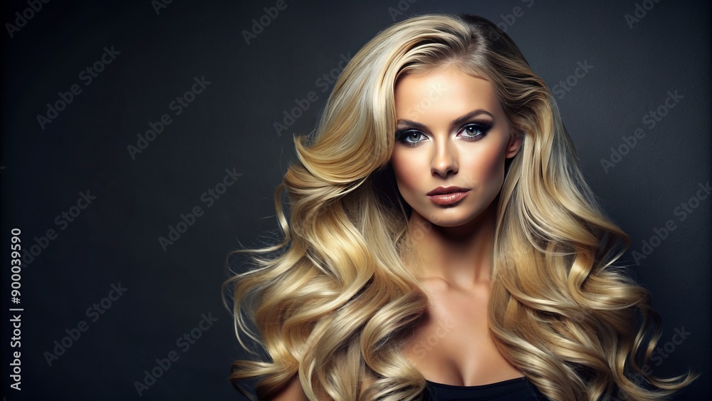 Fototapeta premium Attractive blonde hair shines on dark grey background, ample copy space available, perfect for beauty, health, and hair care product advertising, conveying luxury and sophistication.