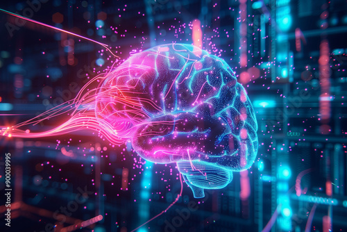 A vibrant, glowing brain is depicted in the center, surrounded by a digital cityscape with neon lights and floating particles, creating a futuristic and scientific illustration of brain activity