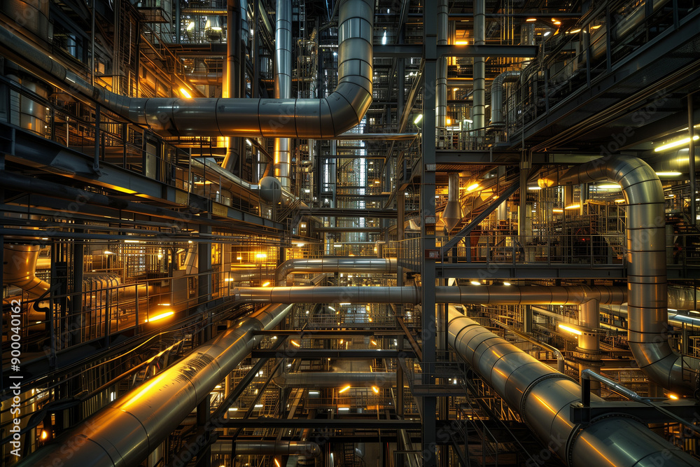 An intricate industrial scene depicting a vast network of pipes, ducts, and machinery with warm ambient lighting, creating a complex An intricate industrial scene depicting a vast network of pipes, ducts, and machinery with warm ambient lighting, creating a complex