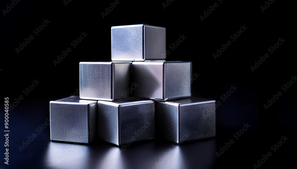 Metal cube, stacked, beveled, silver, iron, square, block, black background, close-up, illustration, design