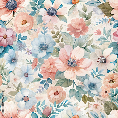 Elegant retro watercolor floral seamless pattern with pastel flowers and leaves, perfect for vintage-inspired designs, stationery, textiles, and digital backgrounds