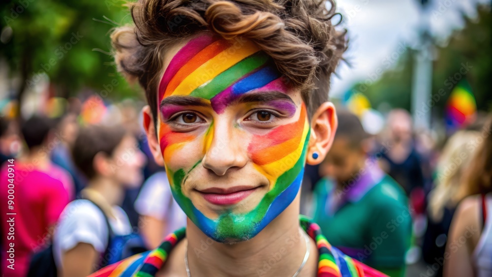 Vibrant rainbow colors of diversity and inclusivity waved proudly on a nonbinary student's face, celebrating individuality and self-expression at a joyful outdoor festival. Vibrant rainbow colors of diversity and inclusivity waved proudly on a nonbinary student's face, celebrating individuality and self-expression at a joyful outdoor festival.