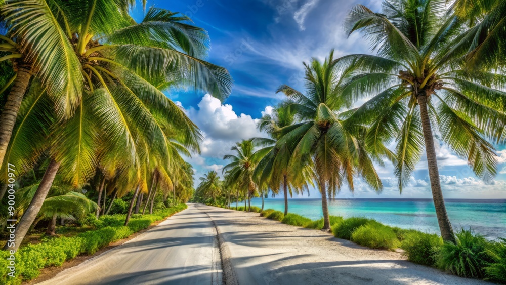 Serene tropical road leading to the beach, lined with lush palm trees, white sand, and crystal-clear waters, creating a sense of ultimate relaxation. Serene tropical road leading to the beach, lined with lush palm trees, white sand, and crystal-clear waters, creating a sense of ultimate relaxation.