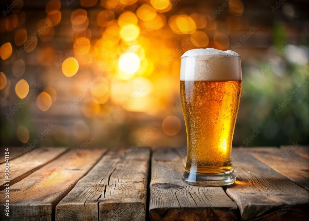 Frothy glass of cold beer on rustic wooden table, blurred background with ample copyspace, ideal for advertising or promotional banners and marketing materials. Frothy glass of cold beer on rustic wooden table, blurred background with ample copyspace, ideal for advertising or promotional banners and marketing materials.