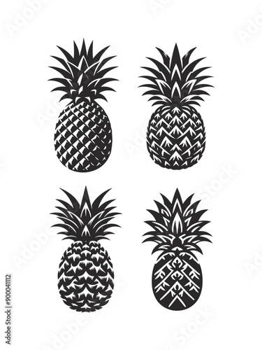 Set of pineapple, silhouettes and pineapple icons isolated on white background.