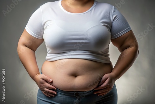 Soft focus close-up of a rounded female abdomen in a crisp white top on a muted grey background, conveying a sensitive obesity and body image theme. photo