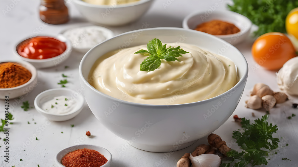 Delicious mayonnaise on white table. Generative AI Delicious mayonnaise on white table. Generative AI