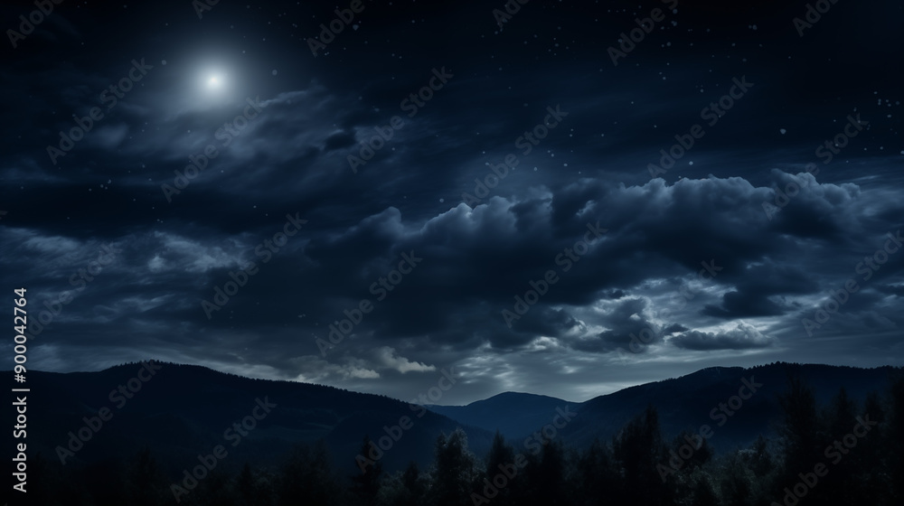 Starry Night Sky Over Mountain Range With Full Moon And Rolling Clouds ...