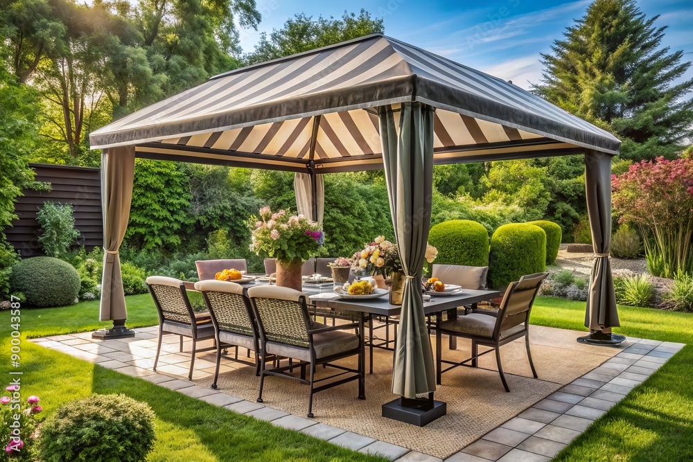 Elegant outdoor garden gazebo with striped awning and patio roof shelters a stylish dining set, metal grill, and lush landscaping, perfect for alfresco entertaining.