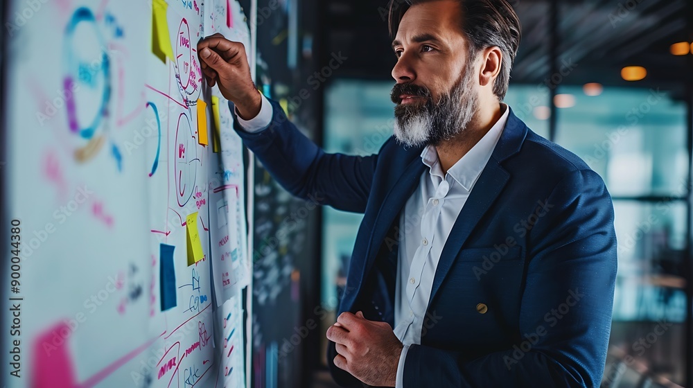 A businessman using a whiteboard to explain a strategy to an unseen audience A businessman using a whiteboard to explain a strategy to an unseen audience