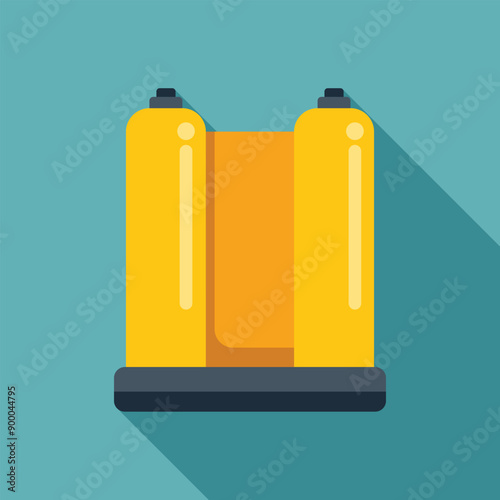 Inflatable yellow and orange bounce house with a long shadow on a blue background