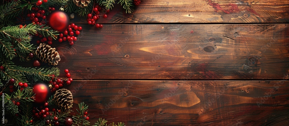 Wooden background adorned with Christmas decorations creating a festive scene with copy space image Wooden background adorned with Christmas decorations creating a festive scene with copy space image