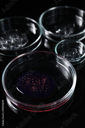 Petri dishes with samples on black mirror surface