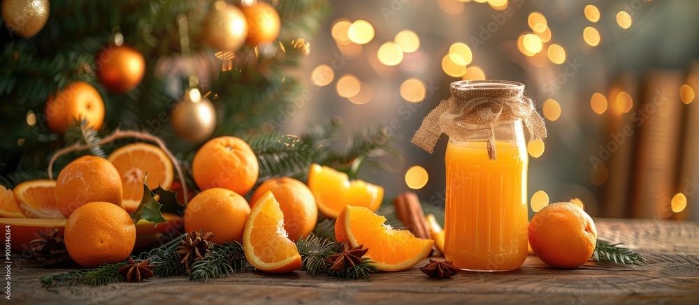 New Year s table set with mandarins fruit wedges a Christmas tree jar of fresh juice and a free label for your text Background is blurred with garland focusing on a copy space image New Year s table set with mandarins fruit wedges a Christmas tree jar of fresh juice and a free label for your text Background is blurred with garland focusing on a copy space image