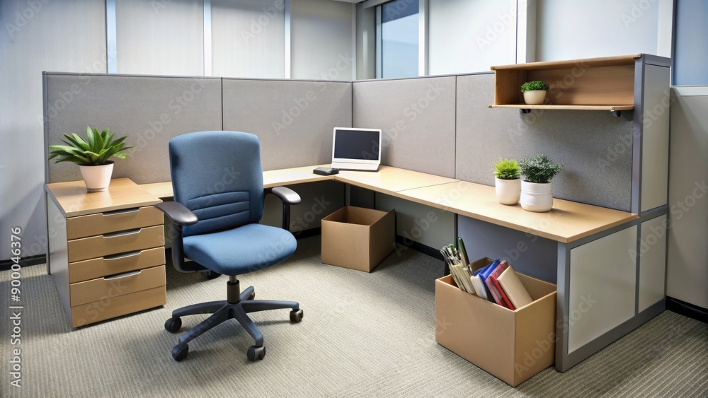 A deserted cubicle with a vacant chair, abandoned office supplies, and a box of personal belongings scattered on the desk, conveying job loss and redundancy. A deserted cubicle with a vacant chair, abandoned office supplies, and a box of personal belongings scattered on the desk, conveying job loss and redundancy.