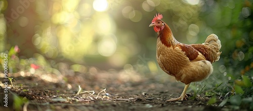 A chicken roams freely in a...