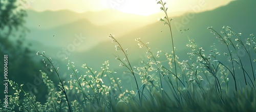 Scenic view of grass flowers atop a hill with a tropical forest and meadow field set against a soft green background in a blurry style featuring a lovely grassland with a silhouetted sunset in twilig photo