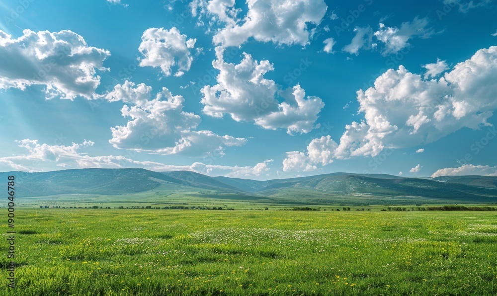 Obraz premium Breathtaking Panoramic Natural Landscape: Lush Green Meadow Under Vibrant Blue Sky with Fluffy Clouds and Majestic Mountains. Idyllic Scenery Perfect for Relaxation, Outdoor Adventure, and Environment
