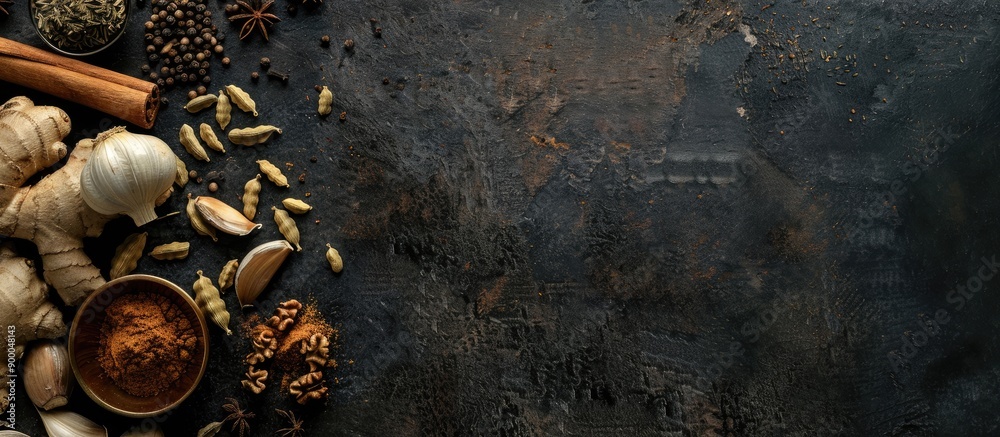 Copy space image featuring Indian spices like coriander ginger and garlic along with dried cardamom cloves cinnamon on a dark backdrop Copy space image featuring Indian spices like coriander ginger and garlic along with dried cardamom cloves cinnamon on a dark backdrop