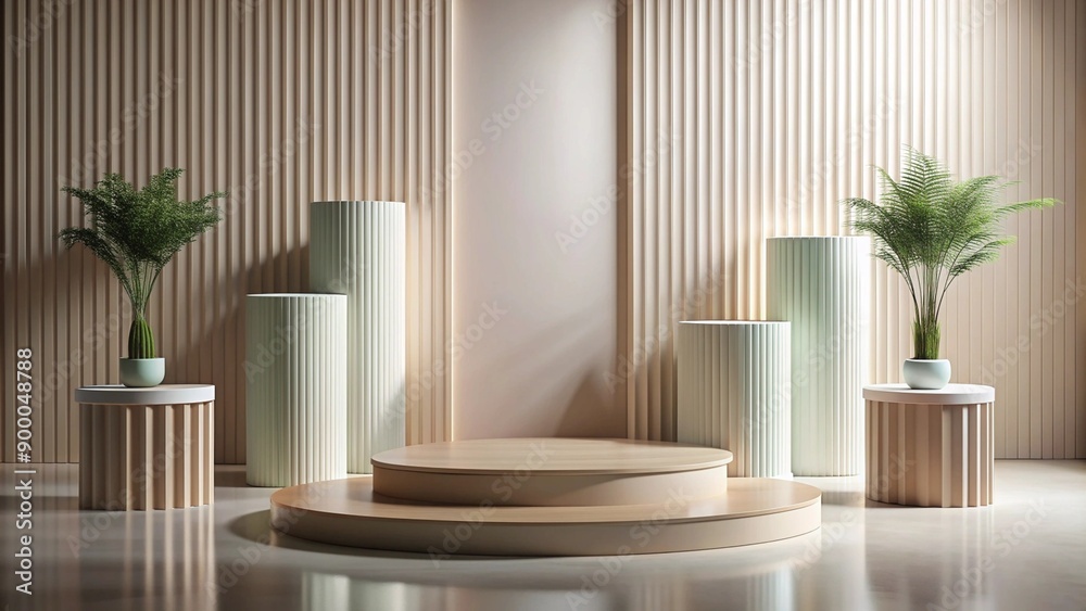 Minimalist Product Display with Wooden Platform and Green Plants. Minimalist Product Display with Wooden Platform and Green Plants.