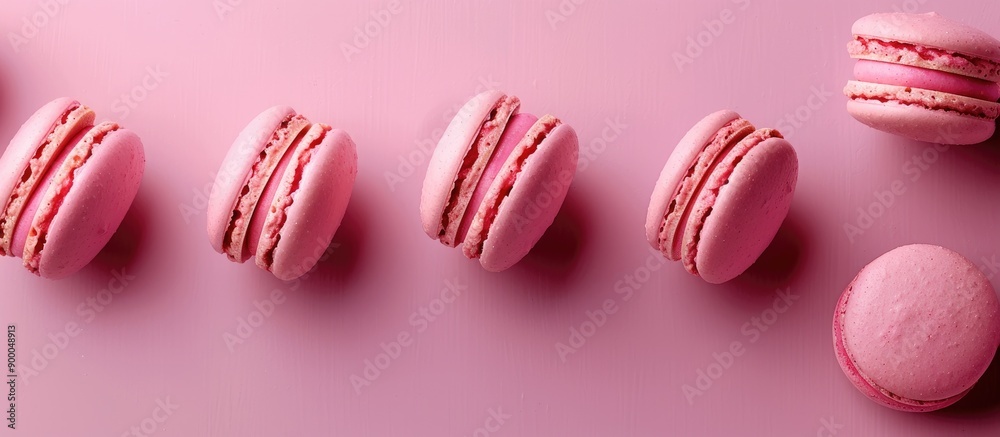 Fototapeta premium Pink macaroons displayed on a matching pink background create a sweet visually appealing image with a flat lay composition giving a clear view with room for text or additional elements