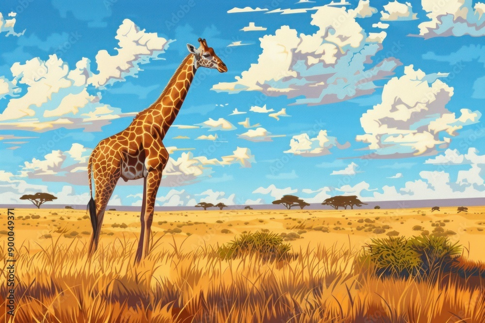 Fototapeta premium Majestic Giraffe Standing in the Vibrant African Savannah Landscape under the Bright Sunlight