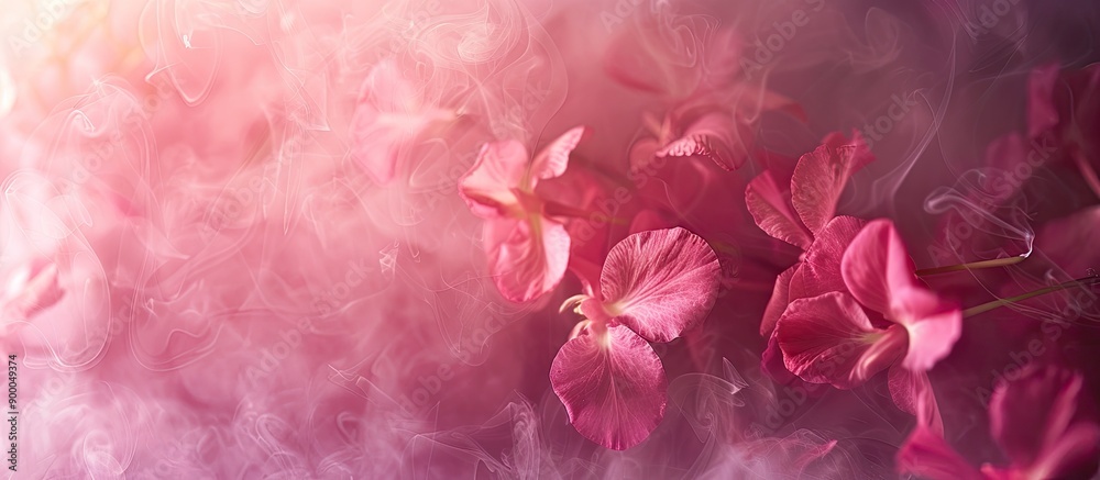 Pink flower petals in soft focus blending with foggy smoke in a horizontal natural background with copy space image Pink flower petals in soft focus blending with foggy smoke in a horizontal natural background with copy space image