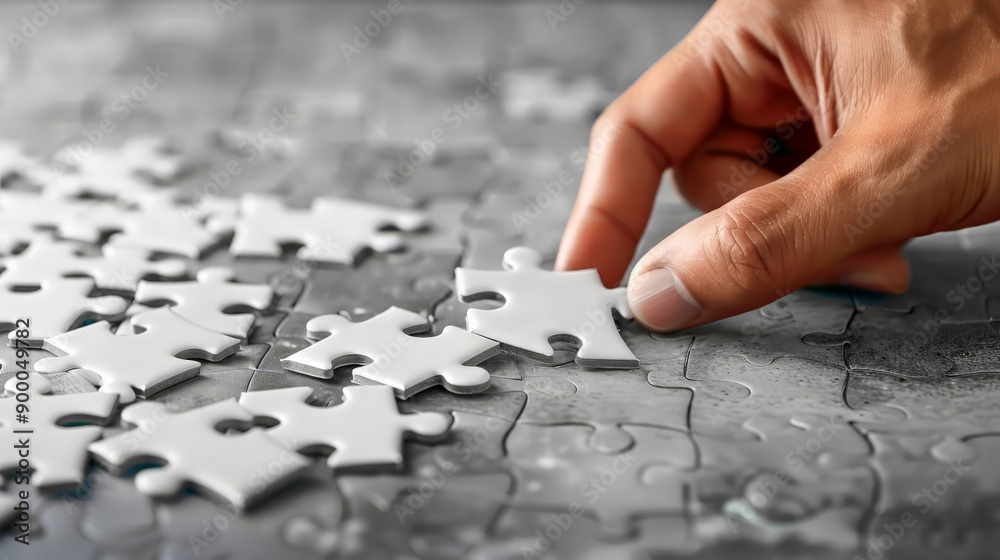 Hand arranging white puzzle pieces on grey surface. Concept of organization, planning, and strategic problem-solving. Hand arranging white puzzle pieces on grey surface. Concept of organization, planning, and strategic problem-solving.
