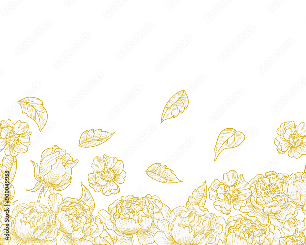 Fototapeta premium Hand Drawn Peony Rose Flower and Leaves Background