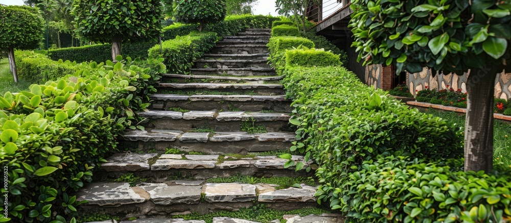 Stone steps in a garden slope lined with hedges leading to a house facade with copy space image on both sides Stone steps in a garden slope lined with hedges leading to a house facade with copy space image on both sides