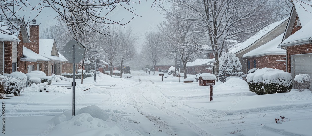 Obraz premium Snowy residential neighborhood with a cluster mailbox under a copy space image
