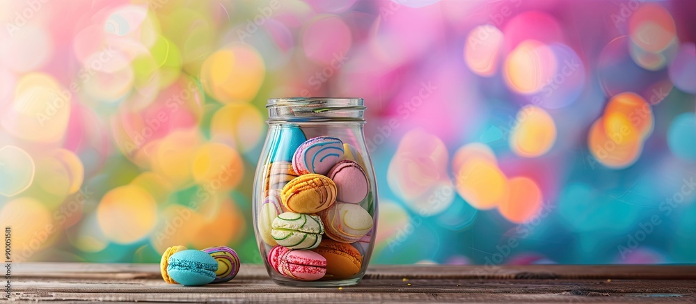 Easter cookies displayed in a glass jar on a wooden table with a colorful background allowing for copy space image Easter cookies displayed in a glass jar on a wooden table with a colorful background allowing for copy space image